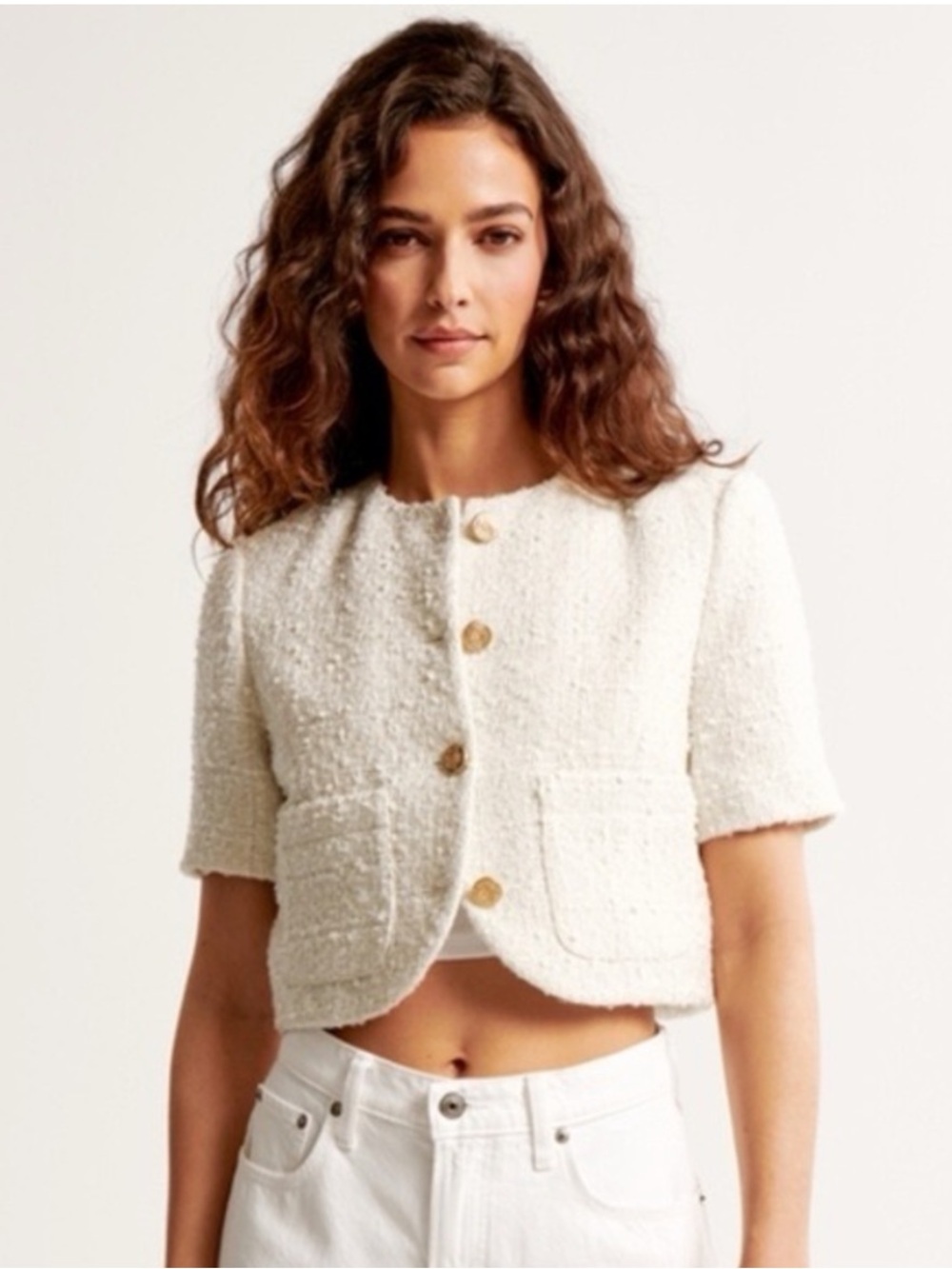 Abercrombie and Fitch Cropped Cream Tweed Short-Sleeve Jacket, size medium